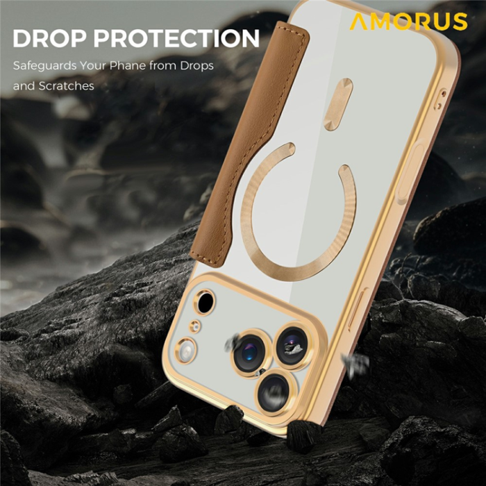 Amorus - AMORUS iPhone 17 Pro Max Plånboksfodral MagSafe RFID - Brun