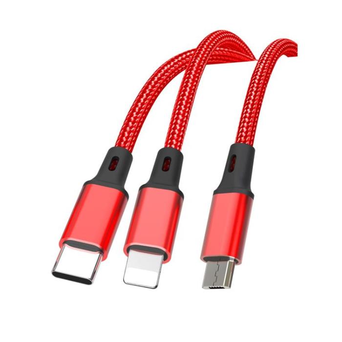 XO - XO 3in1 USB-A Till Lightning, USB-C, Micro-USB Kabel 2.4A 1.2m - Röd