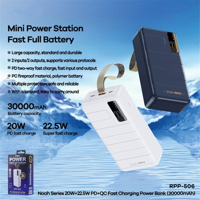 Remax - REMAX Powerbank 30000mAh 20W/22.5W PD QC RPP-506 med LED Blå