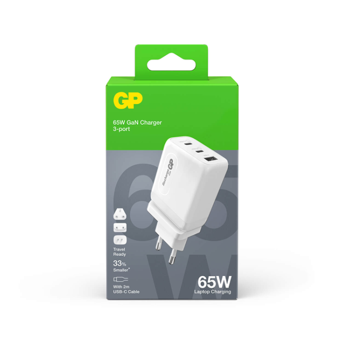 GP - GP Väggladdare 65W GaN Inkl Reseadapter - Vit