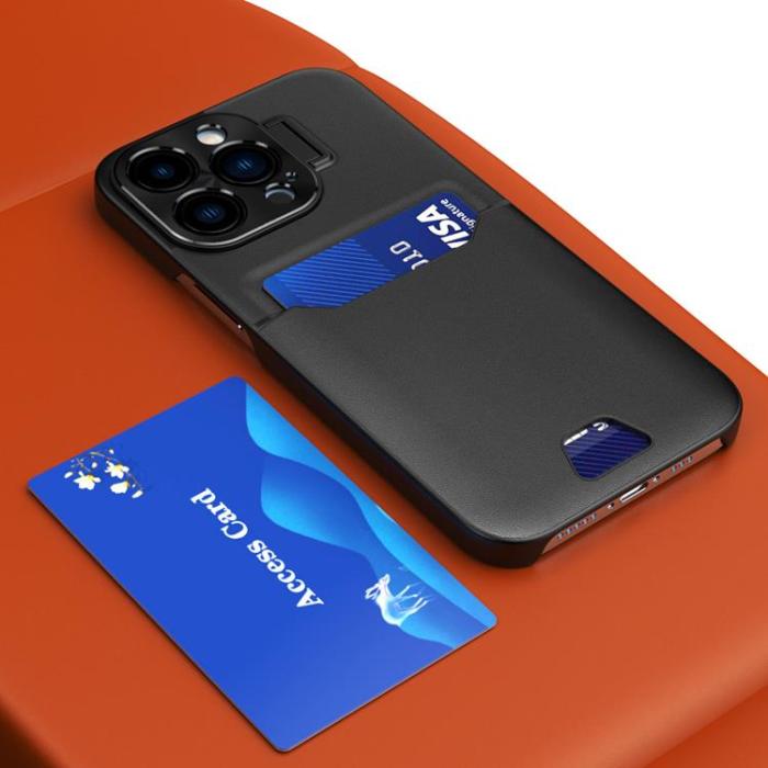 OEM - iPhone 14 Pro Max Skal Korthållare Läder Kickstand - Svart