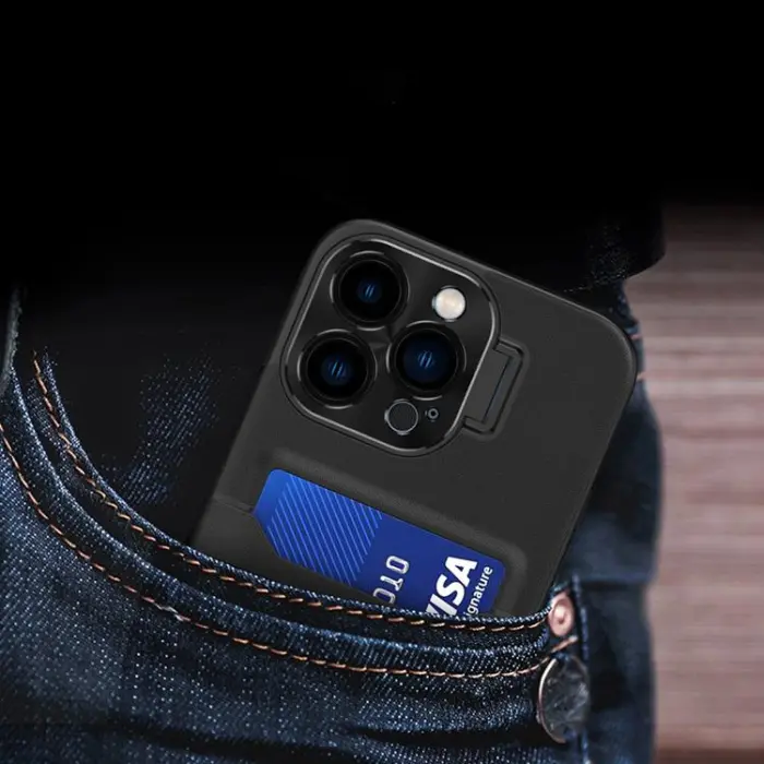 OEM - iPhone 14 Plus Skal Korthållare Läder Kickstand - Svart