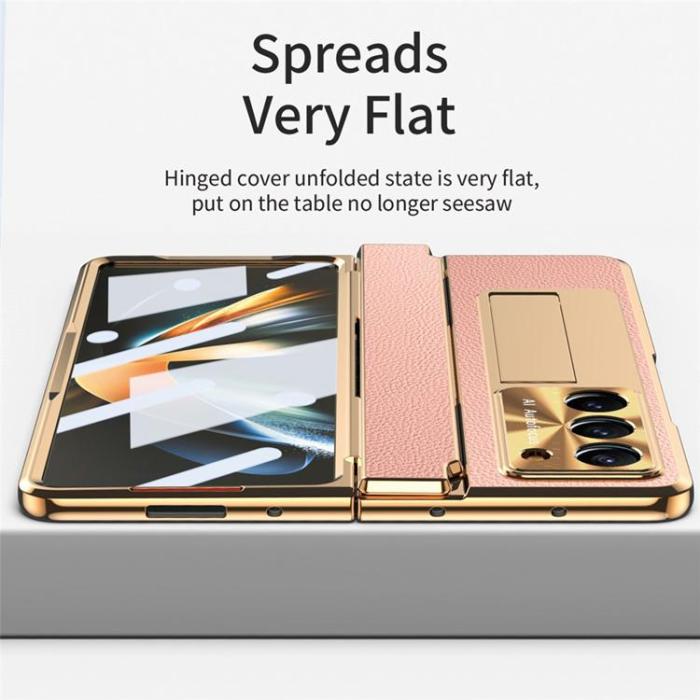 A-One Brand - Mobilskal för Galaxy Z Fold 6 5G Läder+PC Kickstand - Guld/Rosa