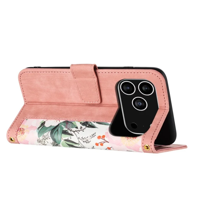 A-One Brand - iPhone 17 Pro Plånboksfodral Floral Konstläder - Rosa