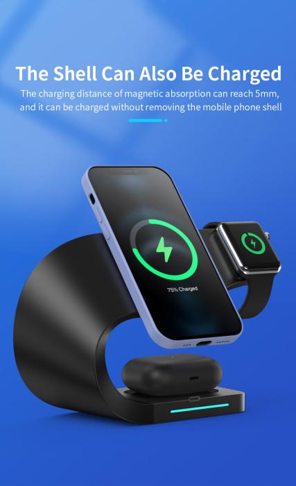 A-One Brand - 3-in-1 Trådlös Laddare Magsafe iPhone, Apple Watch, Airpods - Svart