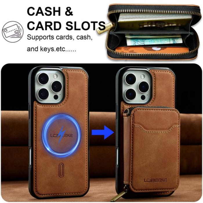 LC.imeeke - LC.IMEEKE L6 iPhone 16 Pro Plånboksfodral Konstläder - Brun