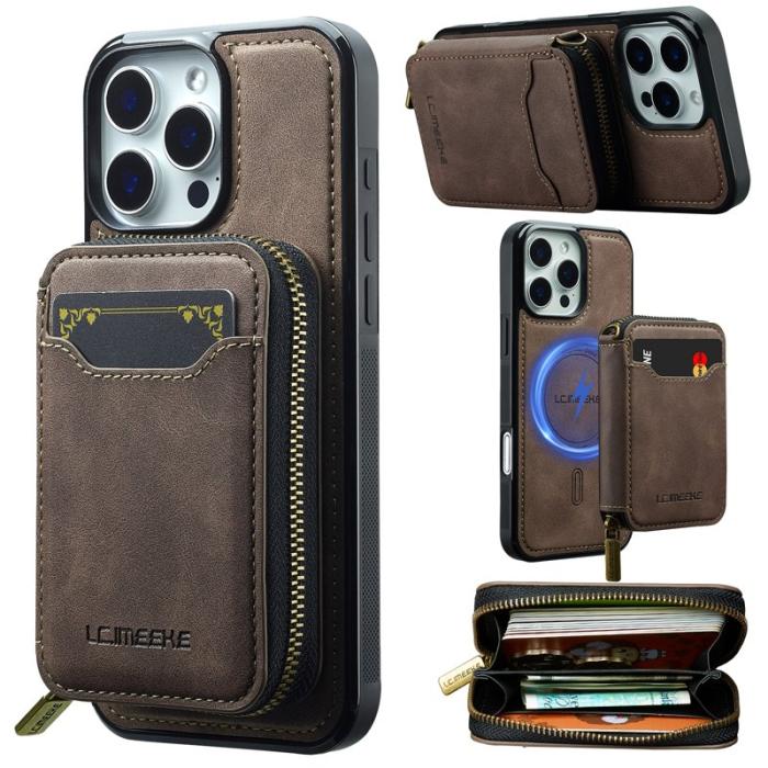 LC.imeeke - LC.IMEEKE L6 iPhone 16 Pro Plånboksfodral Konstläder - Brun