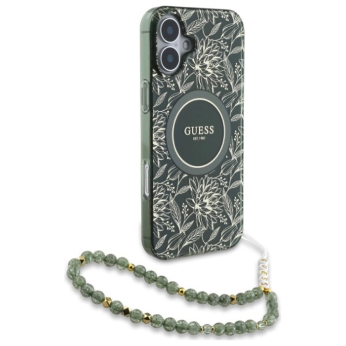 Guess - Guess iPhone 16 Plus Mobilskal MagSafe IML Flowers Med Strap - Grön