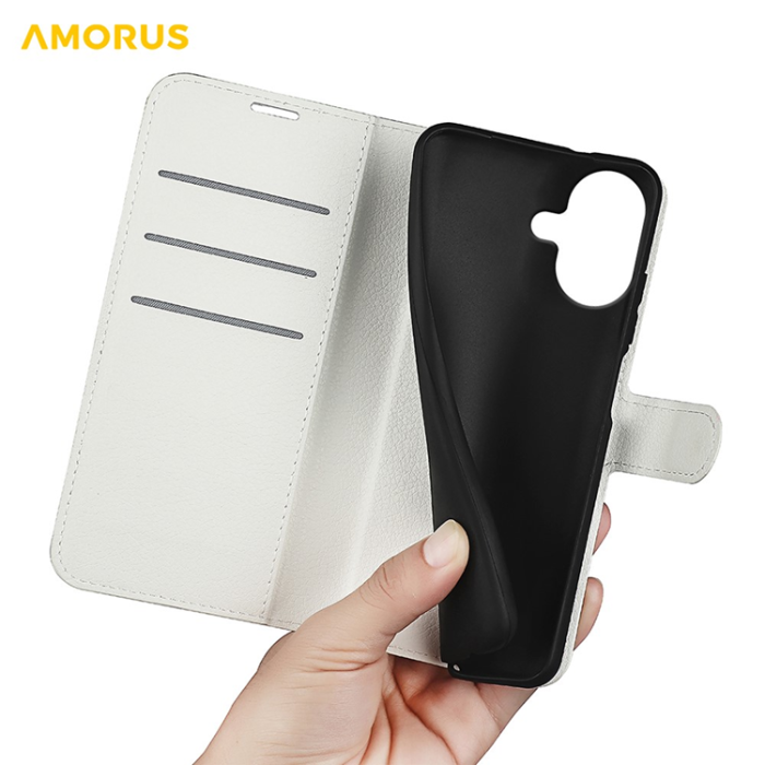 Amorus - AMORUS iPhone 17 Plånboksfodral Flipstativ Litchi - Vit