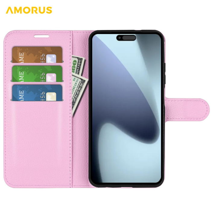Amorus - AMORUS iPhone 17 Plånboksfodral Flipstativ Litchi - Rosa