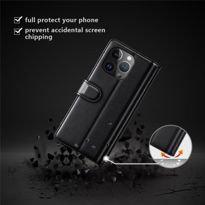 OEM - iPhone 15 Pro Max Plånboksfodral Äkta Läder Anti-Dust - Svart