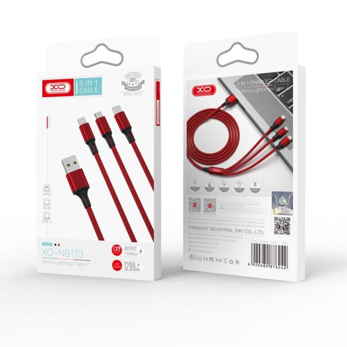 XO - XO 3in1 USB-A Till Lightning, USB-C, Micro-USB Kabel 2.4A 1.2m - Röd
