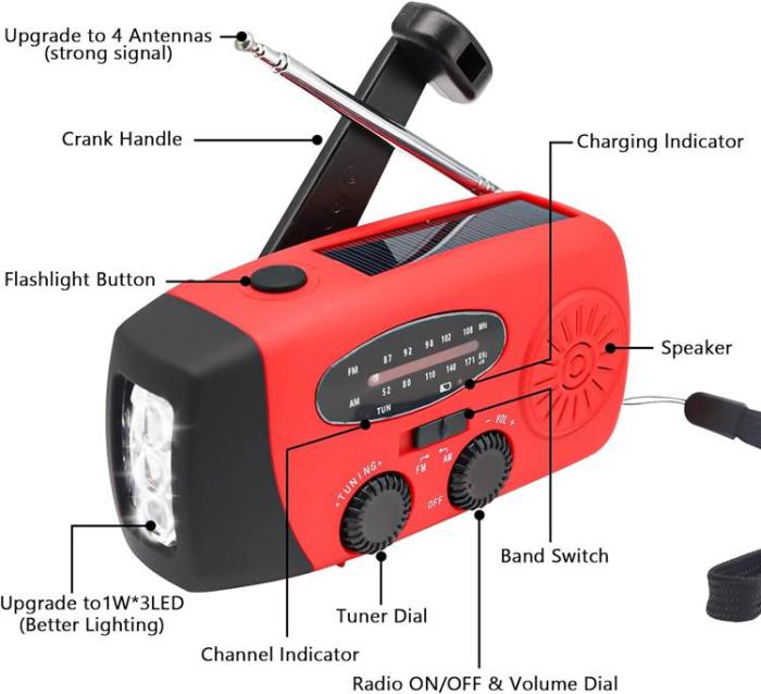 A-One Brand - Vevradio 2000mAh Powerbank med Solceller och Ficklampa - Röd