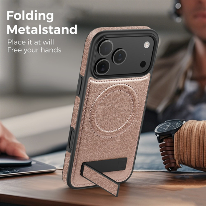 A-One Brand - iPhone 17 Pro Mobilskal MagSafe Kickstand Läder - Roséguld