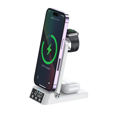 SiGN 3-in-1 Trådlös Laddare ställ med Väckarklocka 15W - Vit