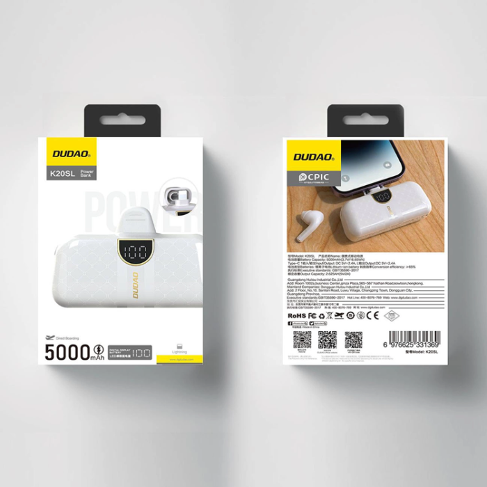 Dudao - Dudao Mini Powerbank 5000mAh med Lightning kontakt - Vit