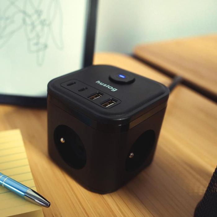 Huslog - Huslog Cube Förlängningssladd med USB - Svart