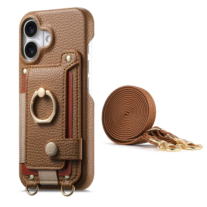 A-One Brand - Mobilskal till iPhone 16 med Korthållare Ring Kickstand - Brun