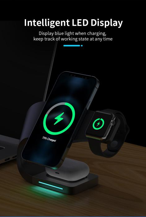 A-One Brand - 3-in-1 Trådlös Laddare Magsafe iPhone, Apple Watch, Airpods - Svart