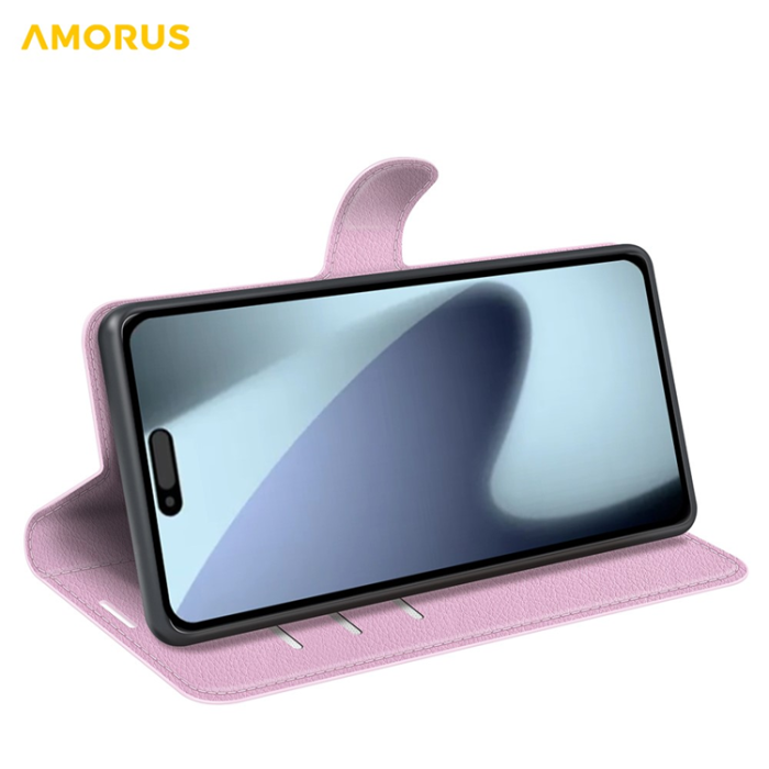 Amorus - AMORUS iPhone 17 Plånboksfodral Flipstativ Litchi - Rosa