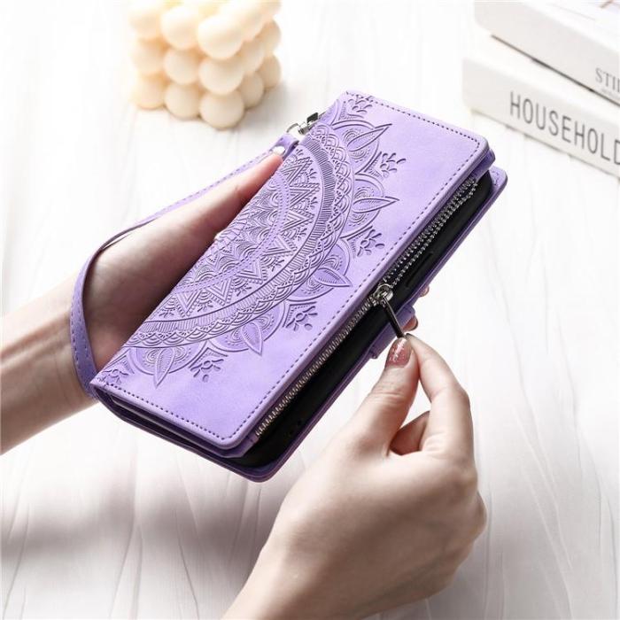 OEM - iPhone 15 Pro Plånboksfodral Mandala Flower Imprinted - Lila
