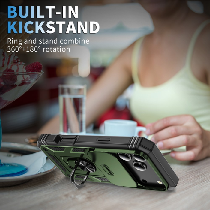 A-One Brand - iPhone 17 Pro Mobilskal Slide Camshield Kickstand - Armégrön