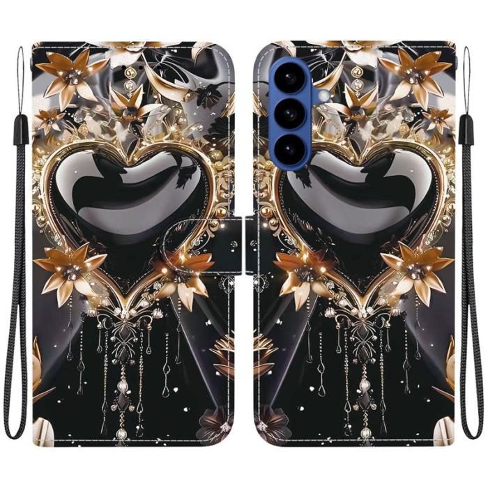 OEM - Samsung Galaxy S26 Plånboksfodral Konstläder Ställ Svart Guld Hjärta