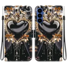 OEM - Samsung Galaxy S26 Pl&aring;nboksfodral Konstl&auml;der St&auml;ll Svart Guld Hj&auml;rta
