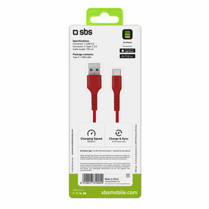 SBS - SBS USB-A - Micro-USB Kabel 1.5m - Röd