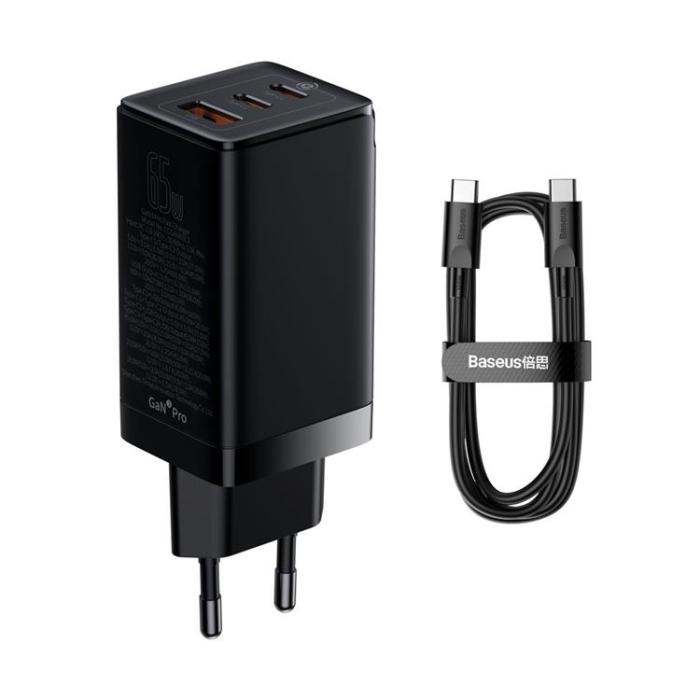 BASEUS - Baseus GaN3 Väggladdare USB 65W 2x Typ-C Till Typ-C Kabel 1m - Svart