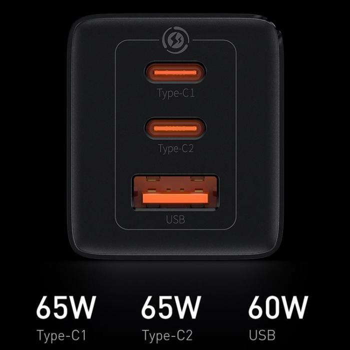 BASEUS - Baseus GaN3 Väggladdare USB 65W 2x Typ-C Till Typ-C Kabel 1m - Svart