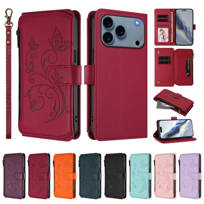 A-One Brand - iPhone 17 Pro Max Plånboksfodral Butterfly Floral Imprint - Vinröd