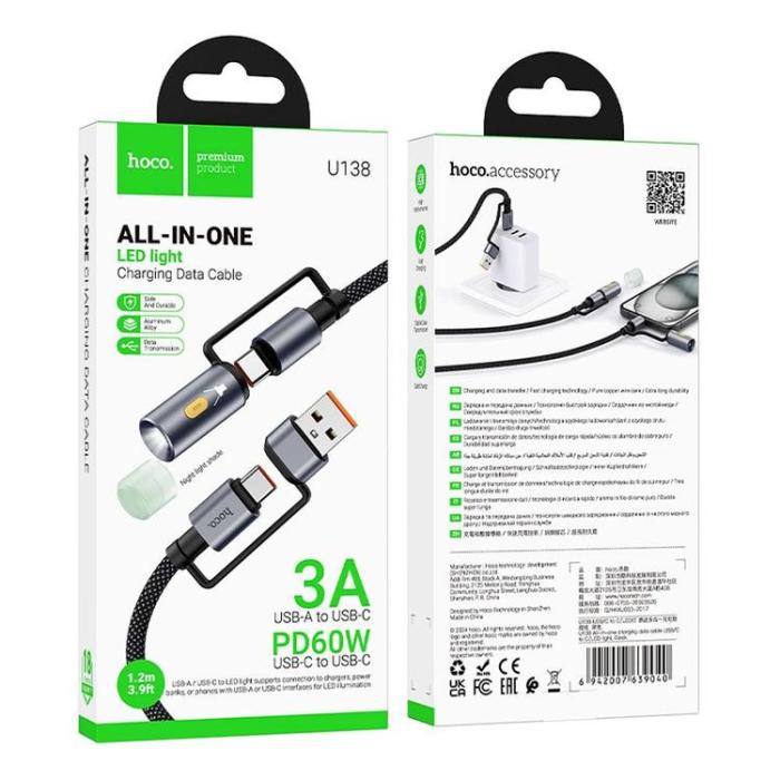 Hoco - Hoco USB-A/USB-C Till USB-C, LED-ljus 60W 3A Kabel 1.2m U138 - Svart