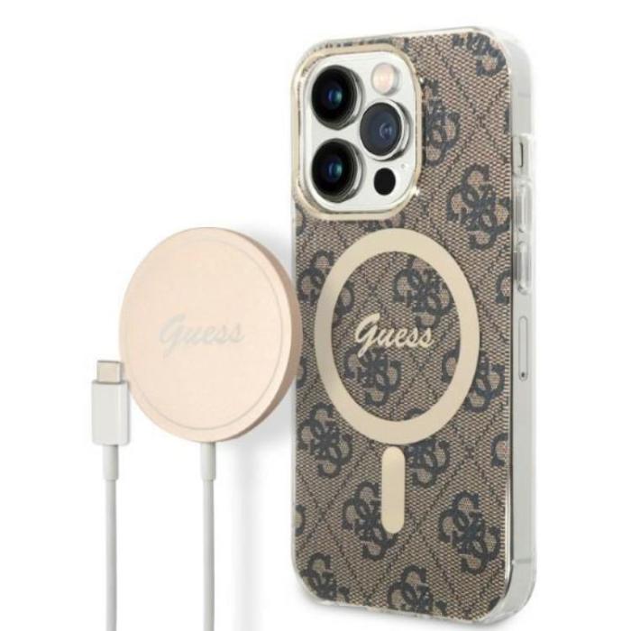 Guess - GUESS iPhone 14 Pro Max Magsafe Skal Print + Trådlös Laddare - Brun