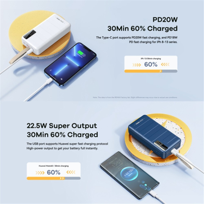 Remax - REMAX Powerbank 30000mAh 20W/22.5W PD QC RPP-506 med LED Blå