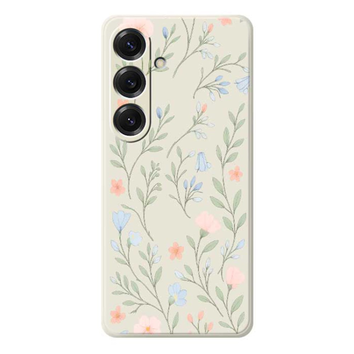 A-One Brand - Galaxy S25 Mobilskal Pink Blue Flowers Straight Edge - Beige