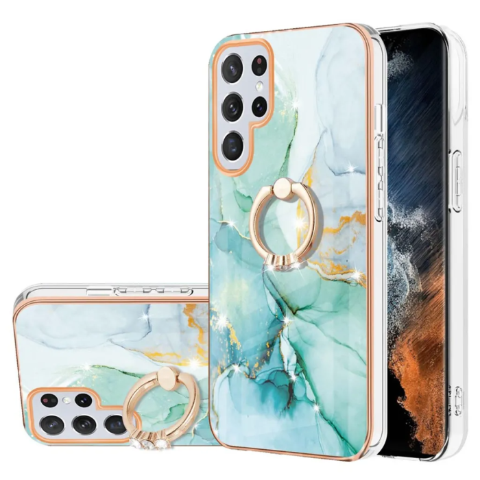 OEM - Galaxy S23 Ultra Skal Ringhållare Roterbart, Marmorerat - Grön