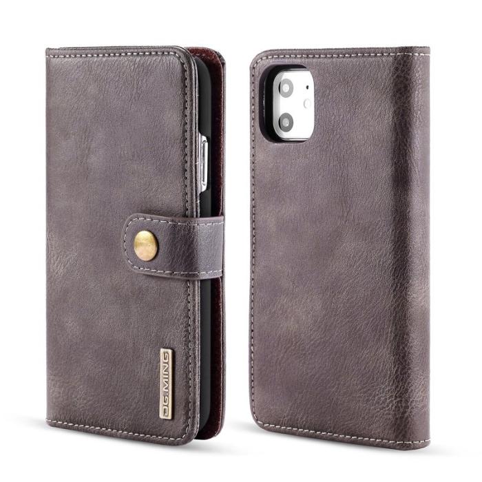 DG.MING - DG.MING iPhone 11 Plånboksfodral i Äkta läder- Grå, Stötabsorberande