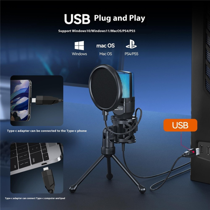 A-One Brand - YANMAI Datorspelmikrofon USB-kondensatormikrofon med RGB-ljus SF-777R