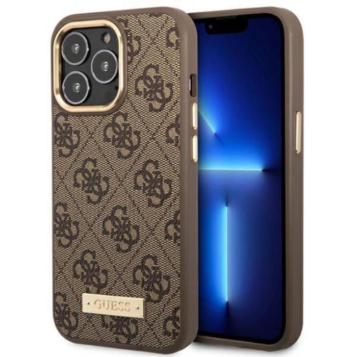 Guess - GUESS iPhone 14 Pro Mobilskal MagSafe 4G Logo Plate - Brun