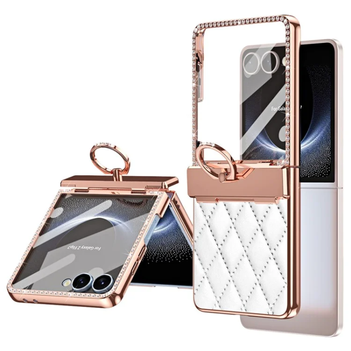 A-One Brand - Galaxy Z Flip 7 Mobilskal Ringhållare Rhinestone - Vit
