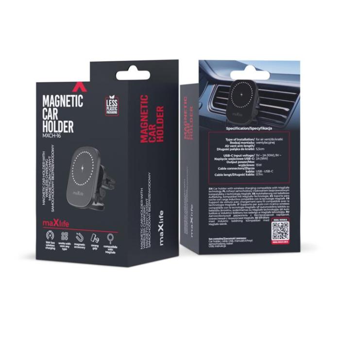 Maxlife - Maxlife Bilhållare Luftventil Med Trådlös Laddning 15W - Svart