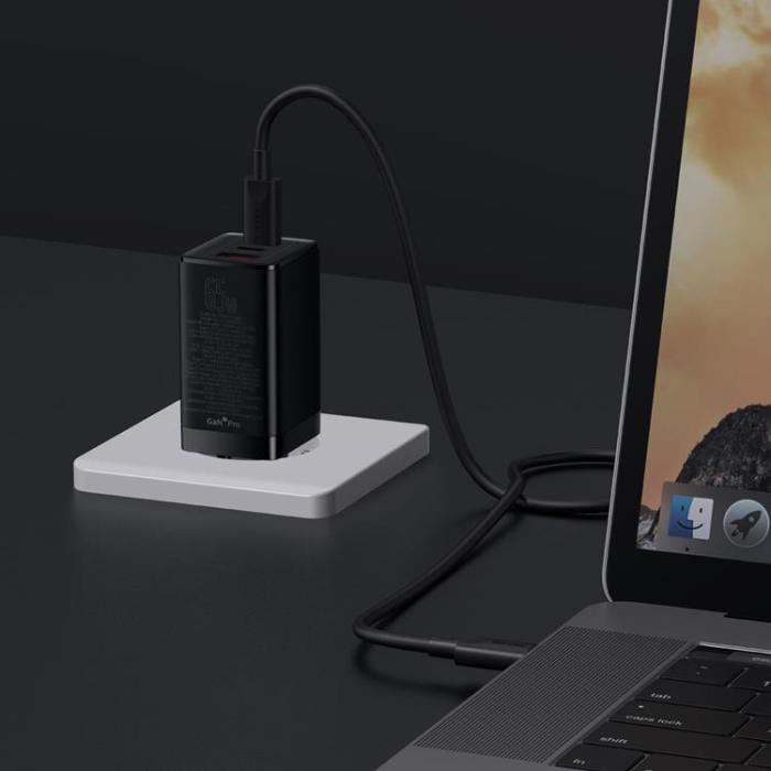 BASEUS - Baseus GaN3 Väggladdare USB 65W 2x Typ-C Till Typ-C Kabel 1m - Svart