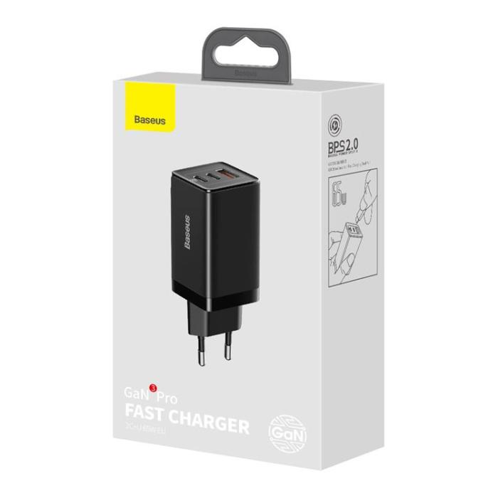 BASEUS - Baseus GaN3 Väggladdare USB 65W 2x Typ-C Till Typ-C Kabel 1m - Svart