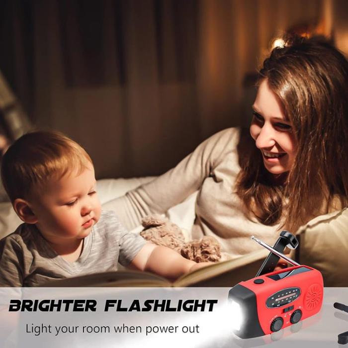A-One Brand - Vevradio 2000mAh Powerbank med Solceller och Ficklampa - Röd
