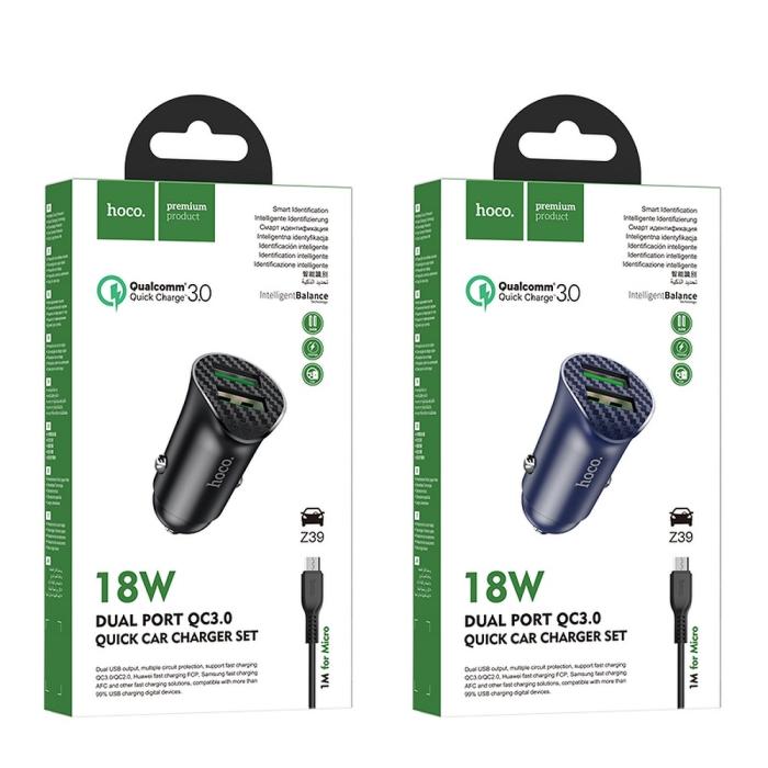 UTGATT1 - HOCO Billaddare 2 x USB QC3.0 18W + Micro USB Kabel - Blå