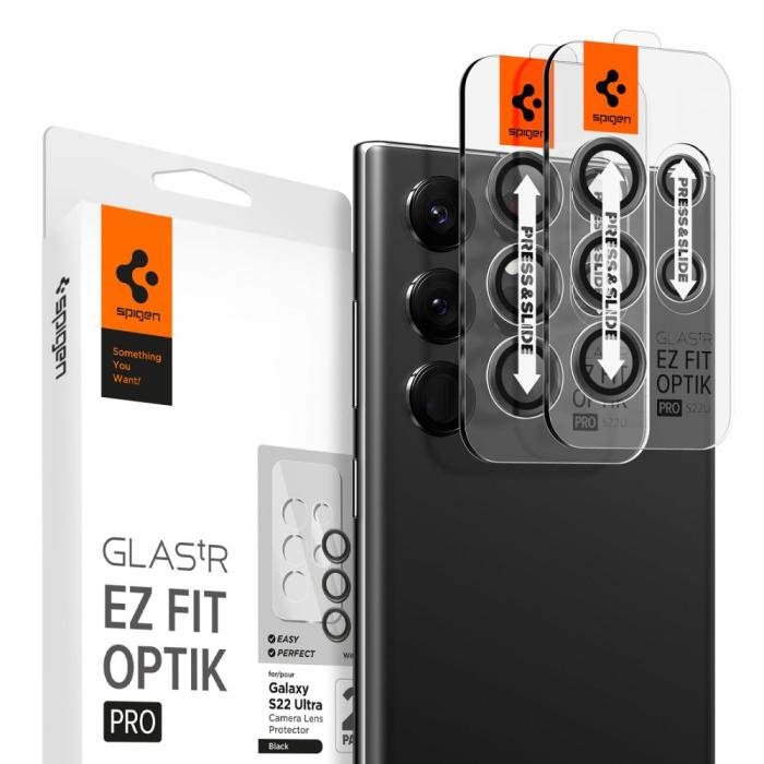 UTGATT - Spigen Galaxy S22 Ultra Kameralinsskydd i Härdat Glas EZ-FIT 2-Pack - Svart