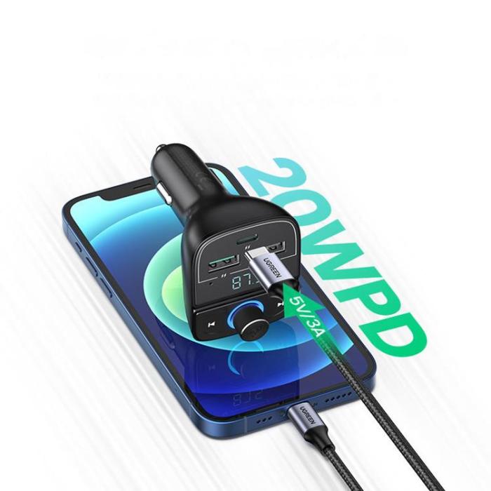 Ugreen - Ugreen FM-Sändare Bluetooth 5.0 Billaddare MP3 3x USB TF micro SD 4,8 A svart