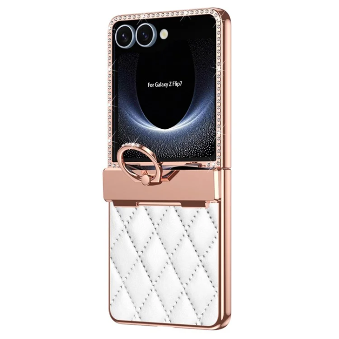 A-One Brand - Galaxy Z Flip 7 Mobilskal Ringhållare Rhinestone - Vit