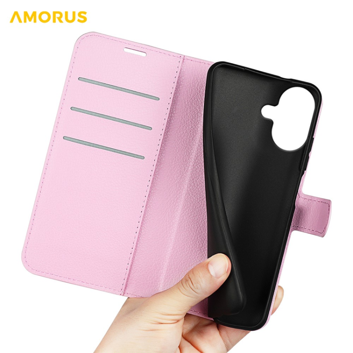 Amorus - AMORUS iPhone 17 Plånboksfodral Flipstativ Litchi - Rosa